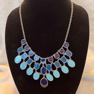 Silver Tone Statement Blue Oval Necklace- Women’s